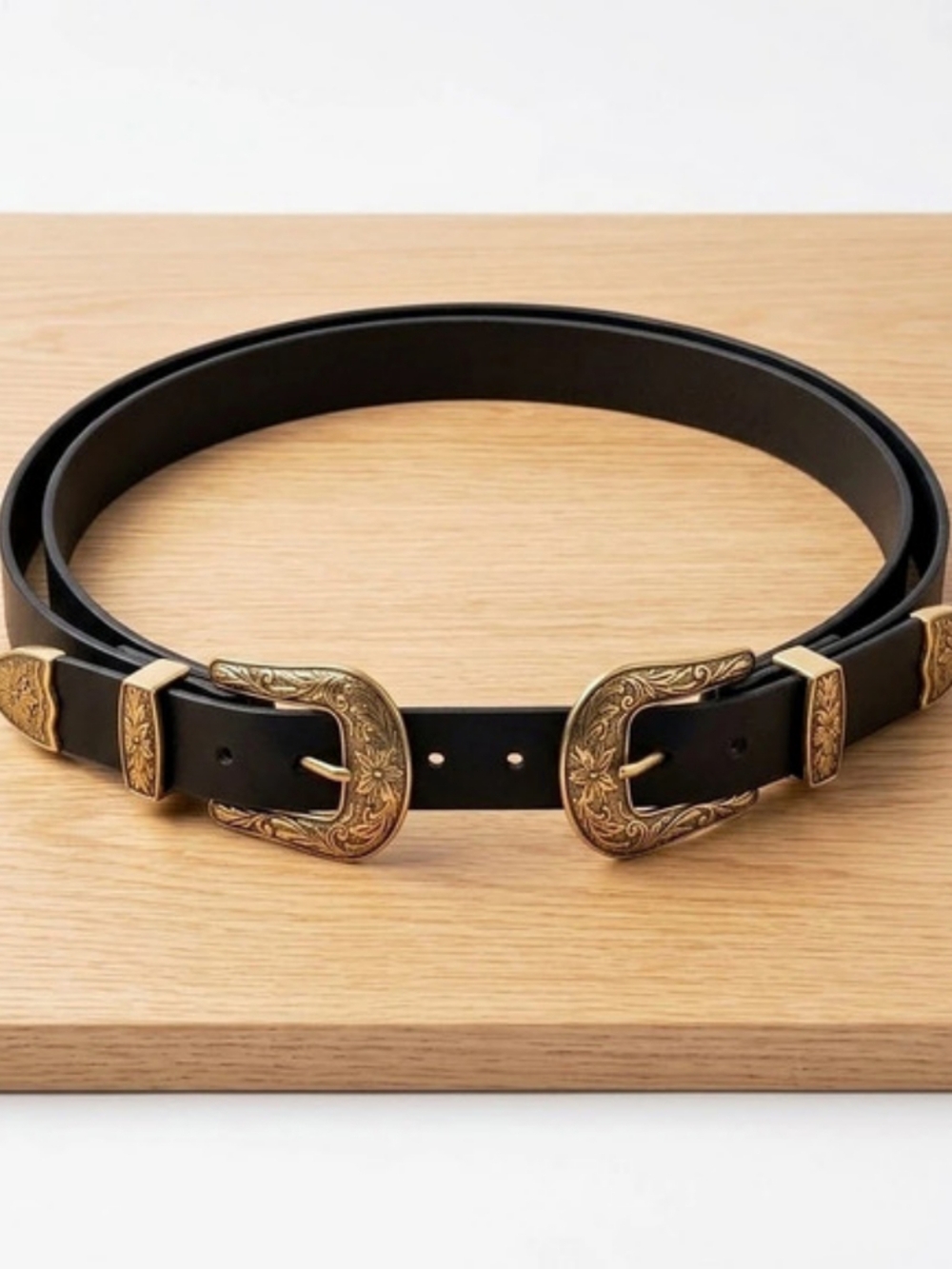 Vtg Western Double Buckle Leather Belt Black Floral Engraved Gold Hardware 35-45